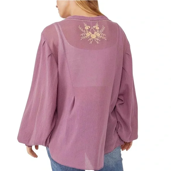 Free People Margie Balloon Sleeve Embroidered Top in Dusty Violet - Picture 3 of 10